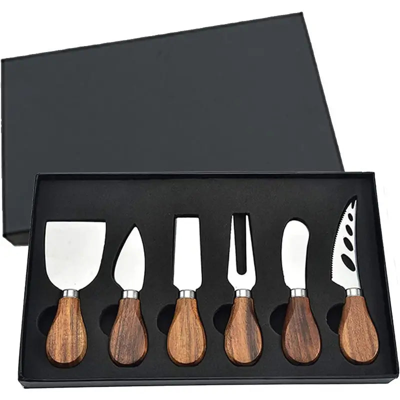 6-Piece Wooden Cheese Knife Set with Stainless Steel Knives – Multifunctional Kitchen Tools