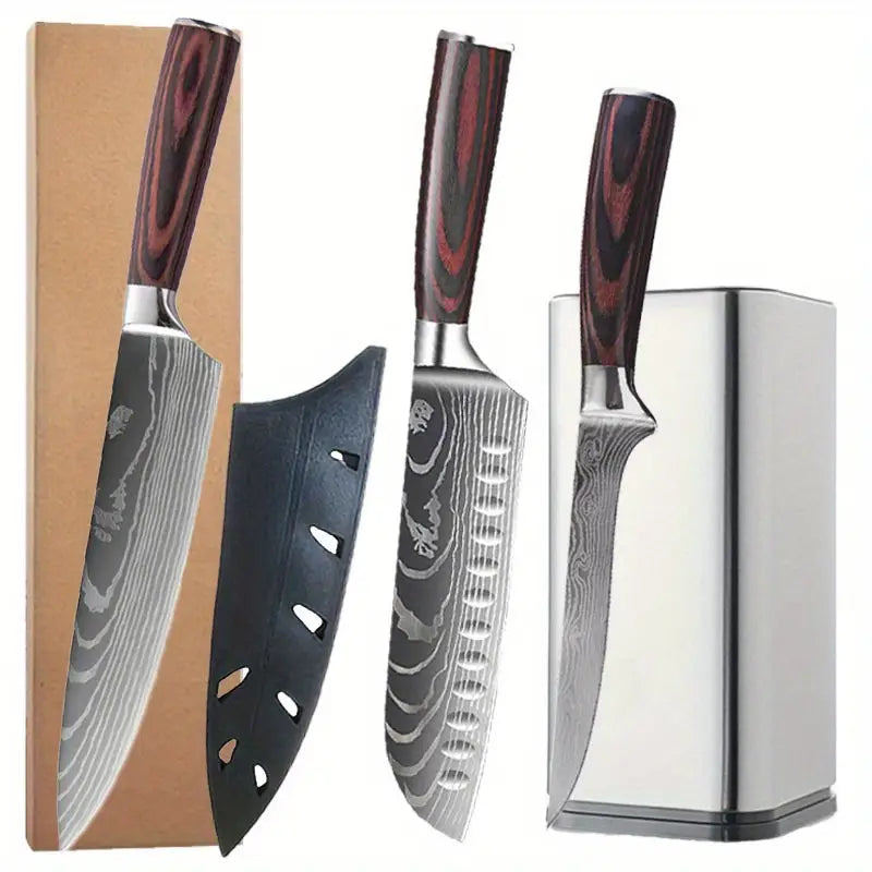 4-Piece Damascus High Carbon Stainless Steel Knife Set with Wooden Handles & Stand – Chef, Santoku, Cleaver & Boning Knives