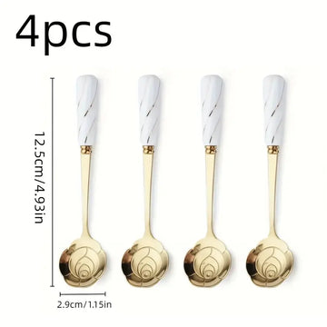 Elegant Flower-Shaped Stainless Steel Spoon Set – 4pcs Long & Short Handle for Coffee, Tea, Ice Cream & Desserts – Gilded Golden Tableware