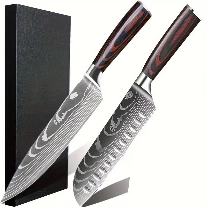 2pcs Japanese Kitchen Knife Set – 8" Chef Knife & 7" Santoku Knife with Sharp Stainless Steel Forged Blades, Ergonomic Pakkawood Handles