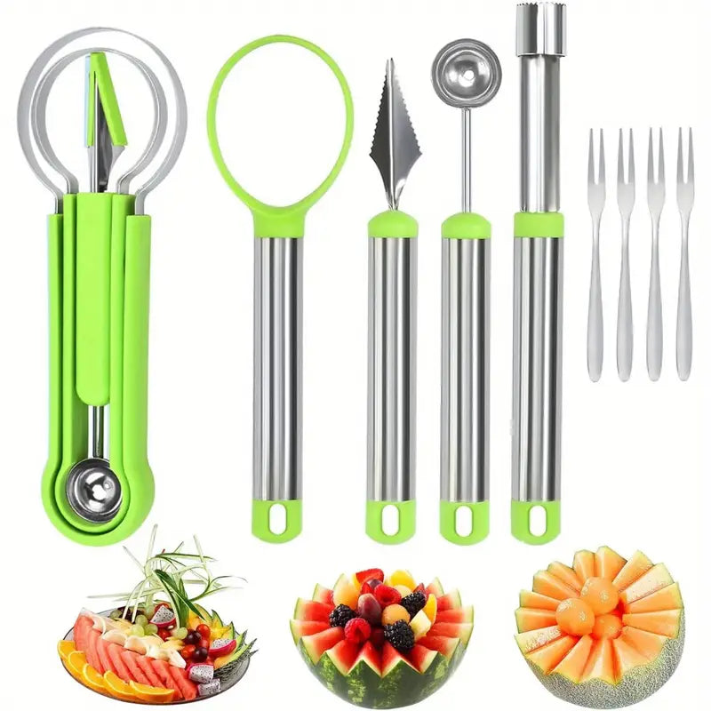 11pcs Stainless Steel Fruit Carving Tool Set - Watermelon Scoop, Carving Knife, Ice Cream Scoop & More for Fruit Art & DIY