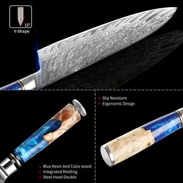 HZYLYML Ocean Series Damascus Kitchen Knife – Santoku, Chef’s, Bread & Utility Knife in Gift Box
