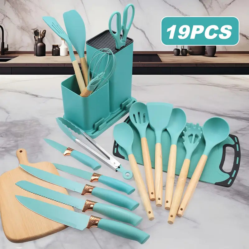 Nineteen piece kitchen knife and utensil set