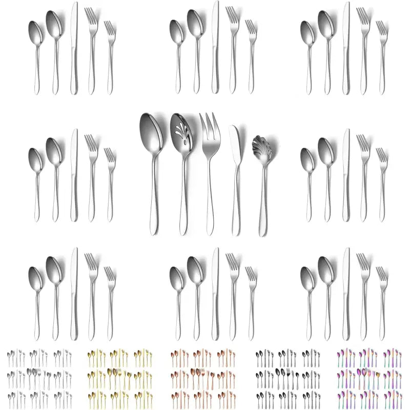 45-Piece Stainless Steel Cutlery Set for 8 - Knife, Fork, Spoon & Serving Utensils - Dishwasher Safe Dining Set for Home & Restaurant