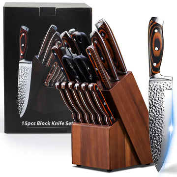 15/20-Piece Professional Kitchen Knife Set with Block & Sharpener – Ultra-Sharp Medium Carbon Stainless Steel, Triple Rivet Wooden Handles, Dishwasher Safe