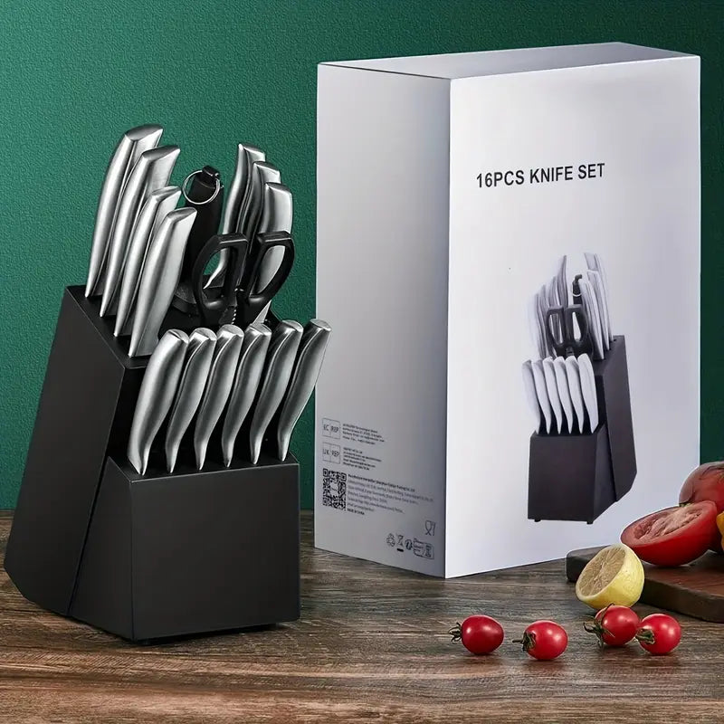16-Piece Stainless Steel Knife Set with Block – Ambidextrous High-Carbon Blades