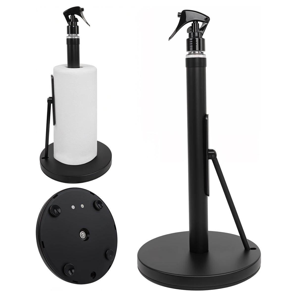 Paper Towel Holder with Spray Bottle, Stainless Steel Countertop Kitchen Paper Towel Dispenser, One-Handed Tear Towel Holder with Weighted Base – Black