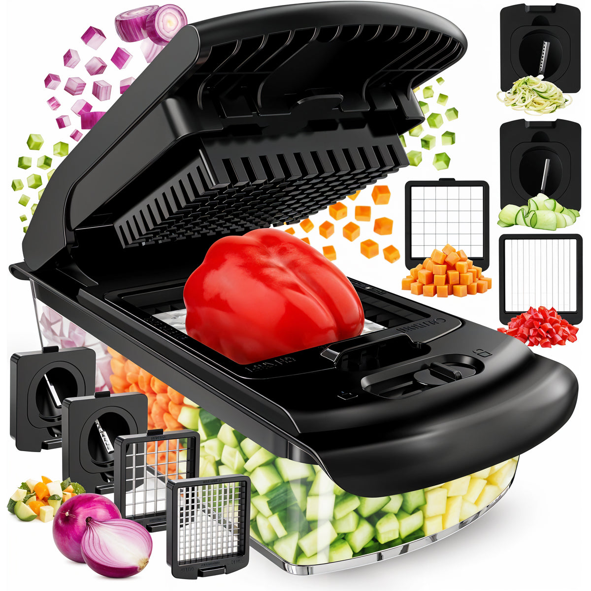 4-in-1 Stainless Steel Vegetable Chopper and Spiralizer with Container – Multifunction Food Cutter and Slicer for Fruits and Vegetables