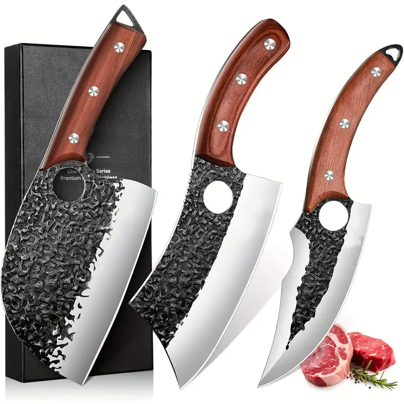 Hand-Forged Serbian Chef Knife Set – 3PCS Butcher, Cleaver & Boning Knives for Meat & BBQ
