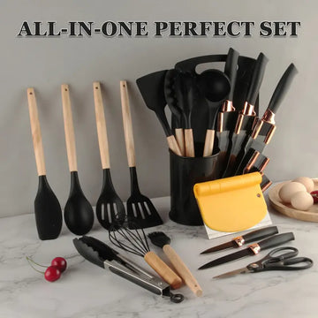 21pcs Silicone Kitchen Utensil & Knife Set – Nonstick Cookware Safe, Spatulas, Spoons, 8 Stainless Steel Knives, 2-in-1 Scraper, Dishwasher Safe with Gift Box