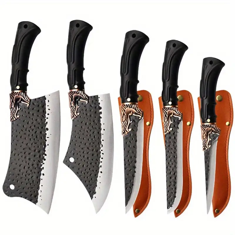 5pcs Professional Kitchen Knife Set – Handmade Forged Stainless Steel Chef, Boning, Vegetable, Utility, Fish & Meat Cleaver Knives for Home Cooking