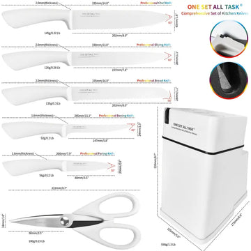 7-Piece High Carbon Stainless Steel Knife Set with Block & Built-in Sharpener – White