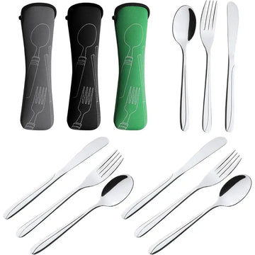 9pcs Stainless Steel Camping Cutlery Set with Case - Knife, Fork & Spoon Set for Travel, Outdoor Dining, and Camping Gear Essentials