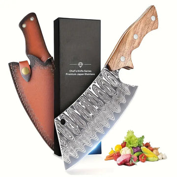 Hand-Forged Japanese Chef Knife – ATS-34 High Carbon Steel Meat Cleaver with Sheath & Engraved Handle