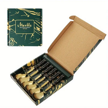 6pcs Stainless Steel Spoon Set with Marble Pattern & Porcelain Handle – Elegant Household Dining Spoons, Long Handle Korean Style – Gift Box Set