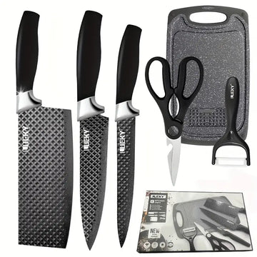 Professional 6-Piece Kitchen Knife Set with Peeler & Scissors – Stainless Steel Chef Knives with Ergonomic Wood Handles