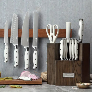 15-Piece Stainless Steel Kitchen Knife Set with Rubber Wood Holder, Gift Box