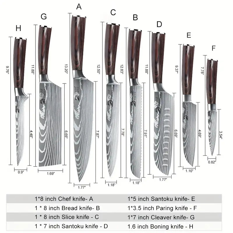 8pcs Japanese Kitchen Knife Set – Professional Chef Knives with Santoku, Paring, Cleaver, Utility, Bread, Boning, Butcher, Vegetable & Fish Filleting Knives + Sharpener Rod & Nylon Bag