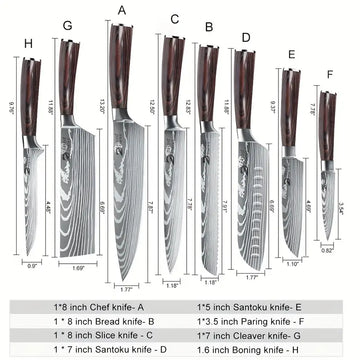 8pcs Professional Japanese Kitchen Knife Set – Chef, Santoku, Cleaver, Paring, Utility, Bread, Boning, Butcher, Filleting & Steak Knives with Sharpener Rod & Nylon Bag