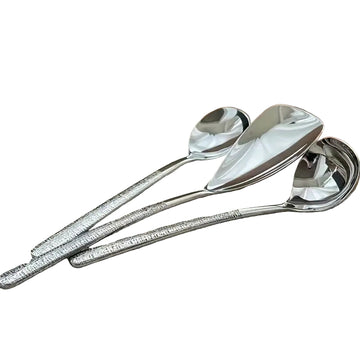 3-Piece Stainless Steel Serving Spoon Set – Hammered & Mountain Rock Design | Non-Slip Luxury Soup Spoon, Small Spatula & Round Spoon