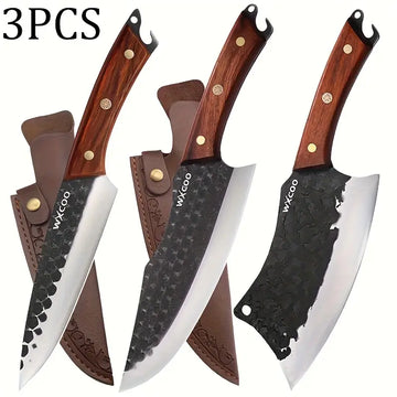 2/3-Piece Stainless Steel Kitchen Knife Set with Wood Handle – Multipurpose Chef and Utility Knives for Home Cooking and BBQ