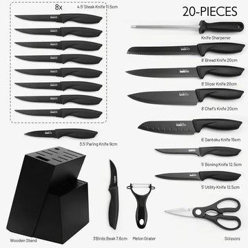 15-Piece Professional Kitchen Knife Set with Wooden Holder & Sharpener - High-Carbon Stainless Steel