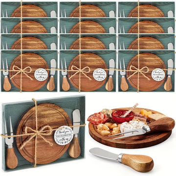 12-Piece Mini Acacia Cheese & Charcuterie Board Set with Knives, Forks, and Gift Boxes – Bridal Shower & Wedding Favors