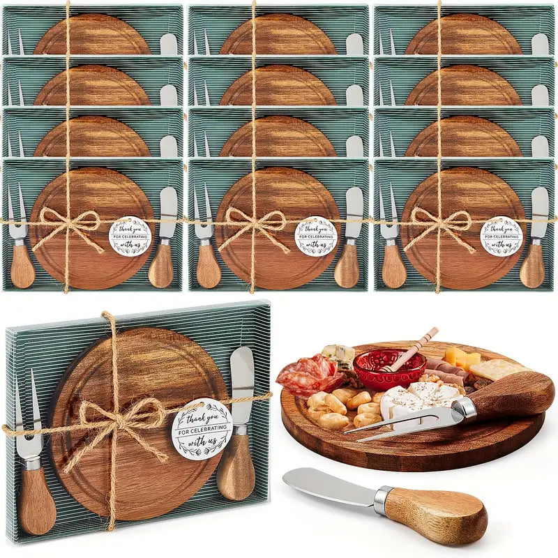12-Piece Mini Acacia Cheese & Charcuterie Board Set with Knives, Forks, and Gift Boxes – Bridal Shower & Wedding Favors