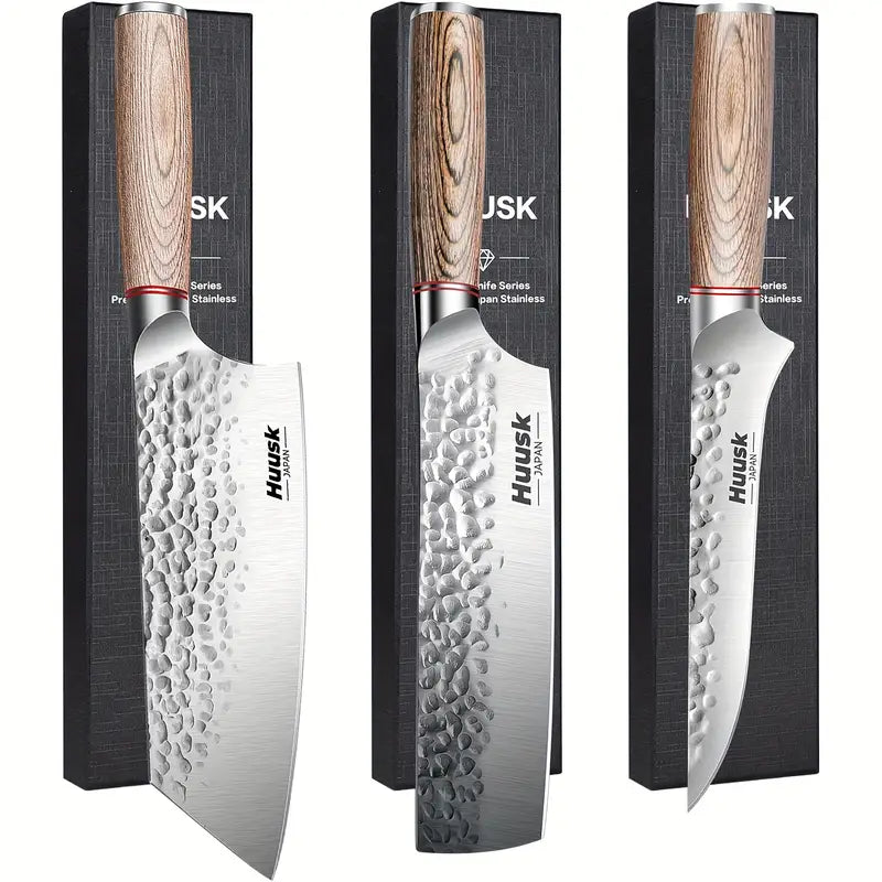 Huusk Professional Japanese Kitchen Knife Set – Meat Cleaver, Nakiri & Boning Knives with Ergonomic Pakkawood Handle