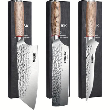 Huusk Professional Japanese Kitchen Knife Set – Meat Cleaver, Nakiri & Boning Knives with Ergonomic Pakkawood Handle