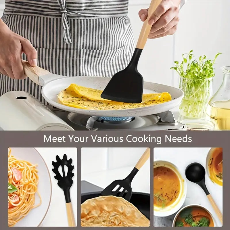 19pcs Kitchen Utensils & Knife Set with Block – 11 Silicone Cooking Utensils, 5 Stainless Steel Chef Knives, Scissors, Whisk, Tongs & Cutting Board