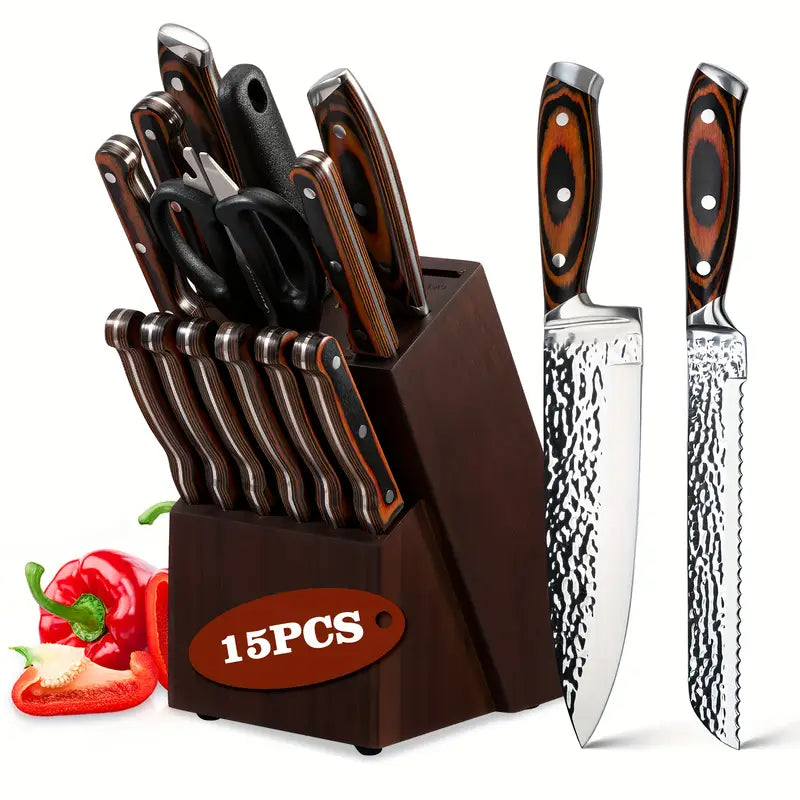 15-Piece Professional Kitchen Knife Set with Wooden Holder & Sharpener - High-Carbon Stainless Steel