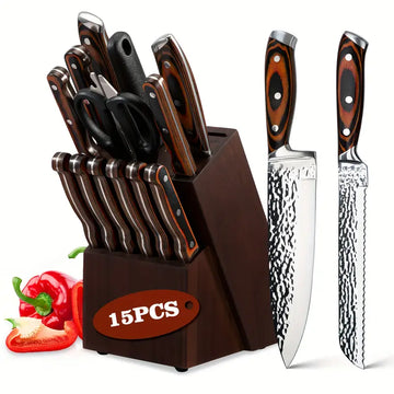 15-Piece Professional Kitchen Knife Set with Wooden Holder & Sharpener - High-Carbon Stainless Steel