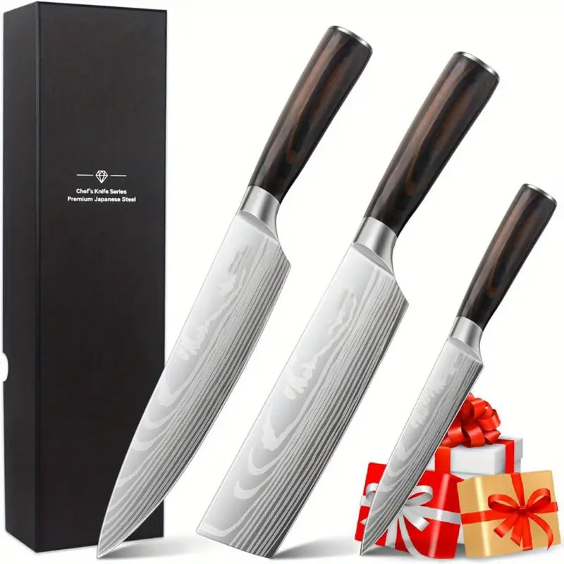 Japanese 3-Piece Chef Knife Set – Ultra Sharp Wood Handle Knives for Home & Outdoor Cooking
