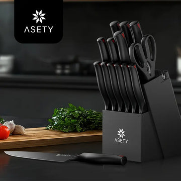 15-Piece Asety Knife Set – High Carbon Stainless Steel with Built-In Sharpener Block, NSF Food Safe & Dishwasher Safe