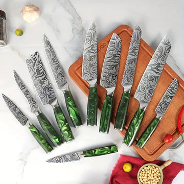 10-Piece Japanese Damascus Kitchen Knife Set - Wasabi Series with Green Resin Wood Handles