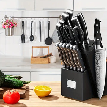 14-Piece German Stainless Steel Knife Set with Block & Built-in Sharpener – Black