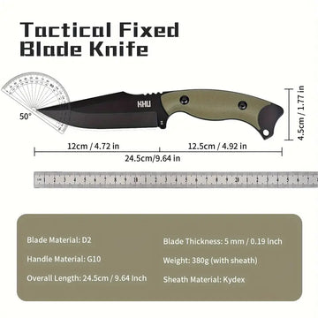 KHU D2 Steel Fixed Blade Camping Knife – G10 Handle with Kydex Sheath, Outdoor EDC Knife for Hiking, Survival, and Adventure