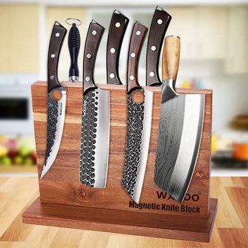 8-Piece Handmade Stainless Steel Chef Knife Set with Magnetic Wooden Block – Professional Carbon Steel Knives for Kitchen