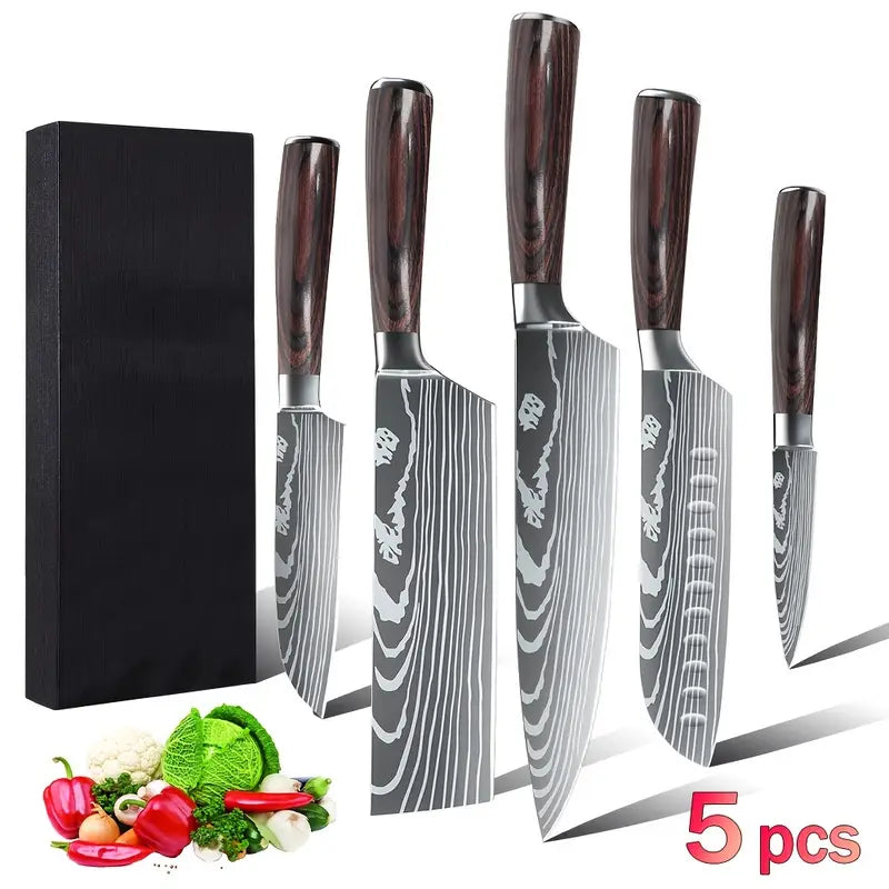 5pcs Professional Japanese Kitchen Knife Set – Stainless Steel Chef Knives with Santoku, Paring, Cleaver, Utility, Boning & Butcher Knives (5" 7" 8") – Sharp Vegetable & Meat Cutting Tools in Gift Box