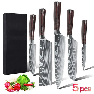 5pcs Professional Japanese Kitchen Knife Set – Stainless Steel Chef Knives with Santoku, Paring, Cleaver, Utility, Boning & Butcher Knives (5