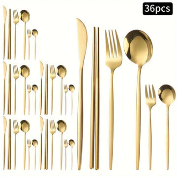 36pcs Elegant Stainless Steel Cutlery Set – Modern Black Handle Flatware with Knives, Forks, Spoons & Chopsticks for Home, Kitchen & Dining