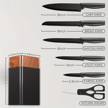 7pcs All-Purpose Kitchen Knife Set with Holder – Chef, Bread, Graver, Replaceable Blade Knife, Peeler, Scissors & Built-in Sharpener, Rust-Proof Stainless Steel