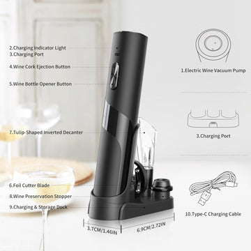 Rechargeable Electric Wine Opener 7-in-1 Set with Charging Base, Foil Cutter, Aerator, Vacuum Pump & Wine Stoppers – Automatic Corkscrew Gift Set