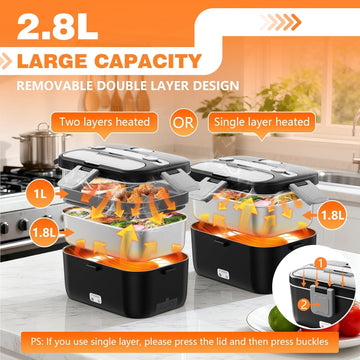 2.8L Electric Lunch Box for Adults – Double Layer 100W Heated Food Warmer for Home, Office, Car & Truck | Portable Leak-Proof Lonchera Electrica Portátil 12V/24V/110V