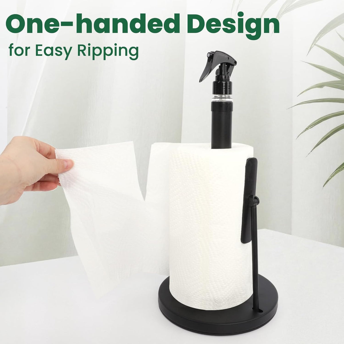 Paper Towel Holder with Spray Bottle, Stainless Steel Countertop Kitchen Paper Towel Dispenser, One-Handed Tear Towel Holder with Weighted Base – Black