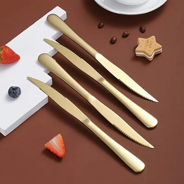10pcs Gold-Plated Stainless Steel Steak Knives Set – Super Sharp Serrated Dining Knives for Home, Restaurant & Camping