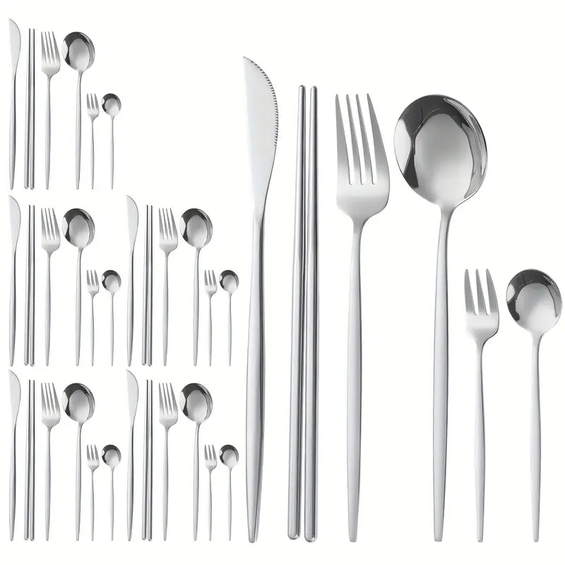 36-Piece Elegant Stainless Steel Cutlery Set with Black Handles – Steak Knives, Forks, Spoons, Dessert Spoons, Coffee Spoon & Chopsticks – Ideal for Home, Kitchen, Parties & Weddings