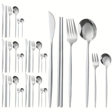 36-Piece Elegant Stainless Steel Cutlery Set with Black Handles – Steak Knives, Forks, Spoons, Dessert Spoons, Coffee Spoon & Chopsticks – Ideal for Home, Kitchen, Parties & Weddings