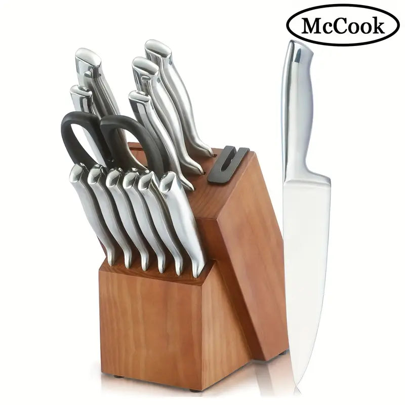 McCook TEA26 14-Piece Stainless Steel Knife Set with Block & Built-in Sharpener
